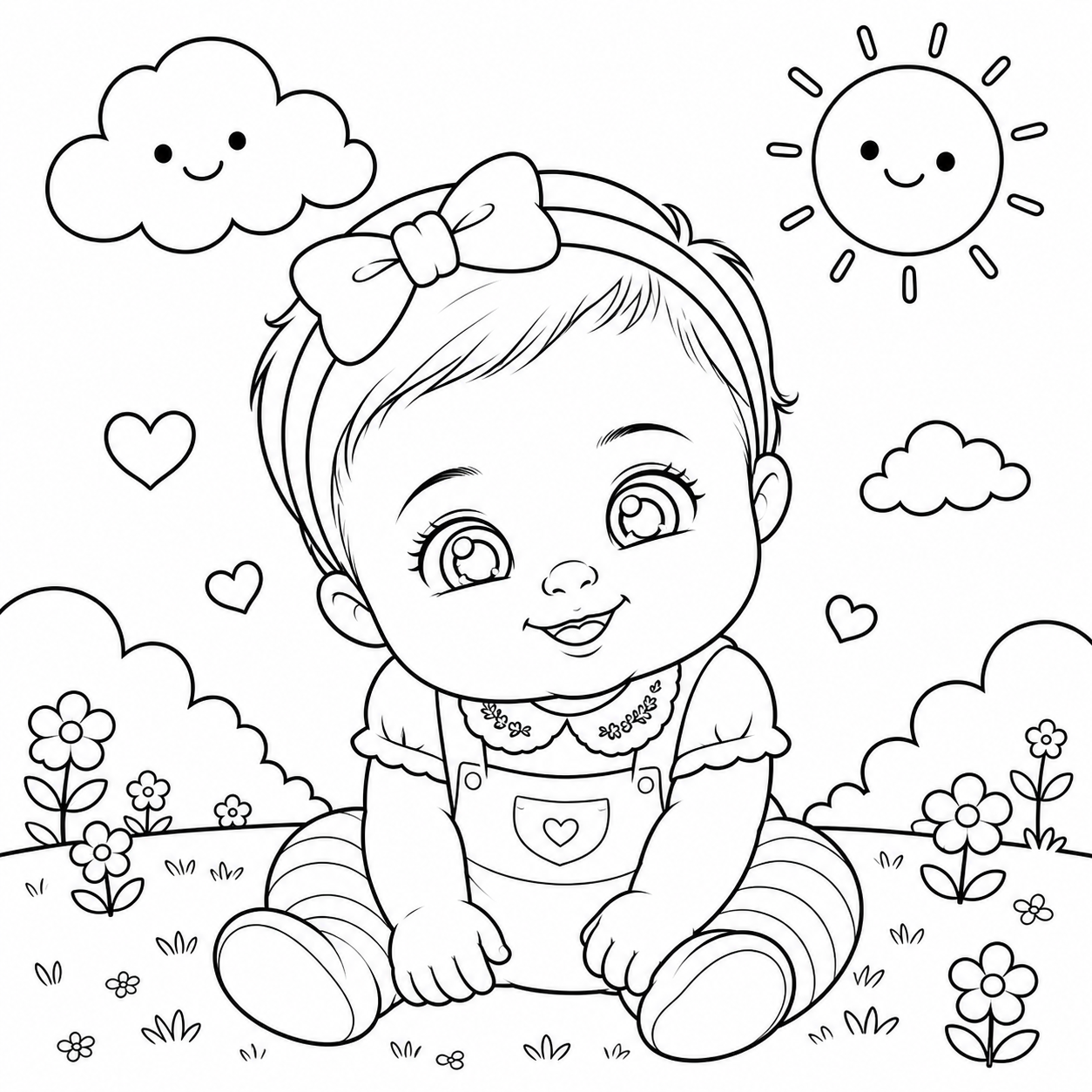 Desenho em preto e branco da Brenda no jardim, pronto para colorir