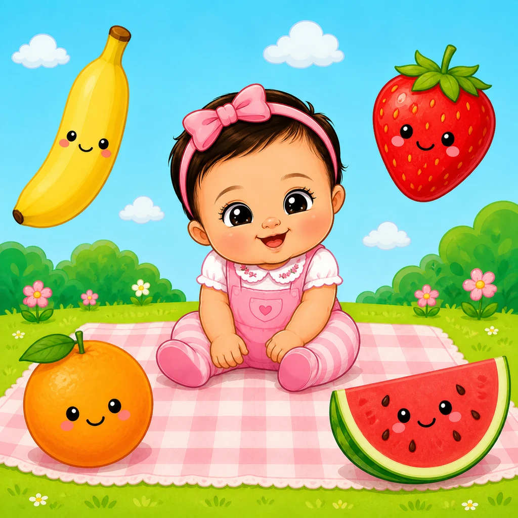 Cenário de frutas do jogo Toque e Descubra